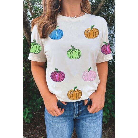 NWT White Sequin Pumpkin T Shirt - Picture 3 of 8